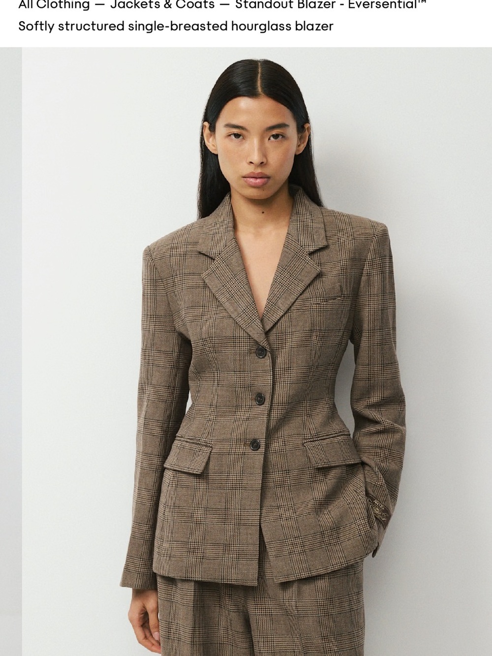 Aritzia Standout Blazer Eversential Brown Plaid Tailored Single-Breasted Blazer